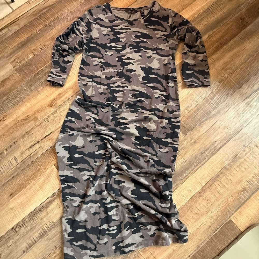 New G.I.L.I. Midi T Shirt Dress Gray Camouflage XSP 3/4 Sleeve